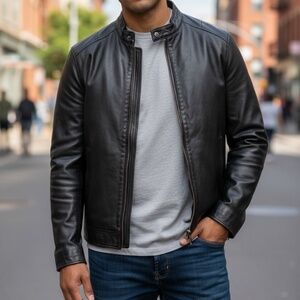 Boston Harbour Men'‎ s New Zealand Lamb Leather Black Jacket Lined Sz Medium